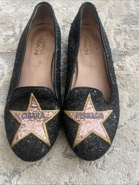 Chiara Ferragni Black Glitter Star Slip-On Loafers with Pink and Gold Details
